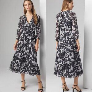 WHBM Black White Chiffon Belted Midi Dress Sheer Long Sleeve Cocktail Party S